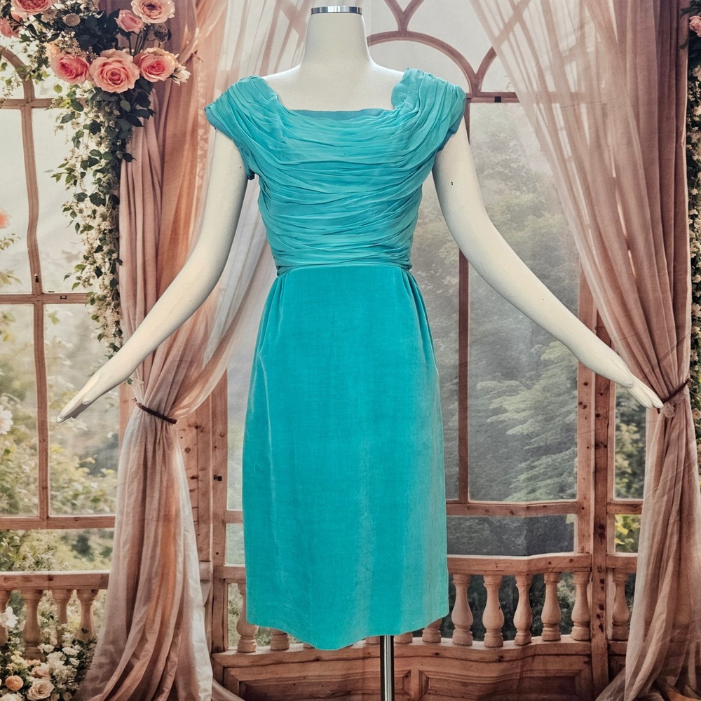 Vintage 1950s Dress Jay Herbert California Teal Ruched Draped Cocktail Formal